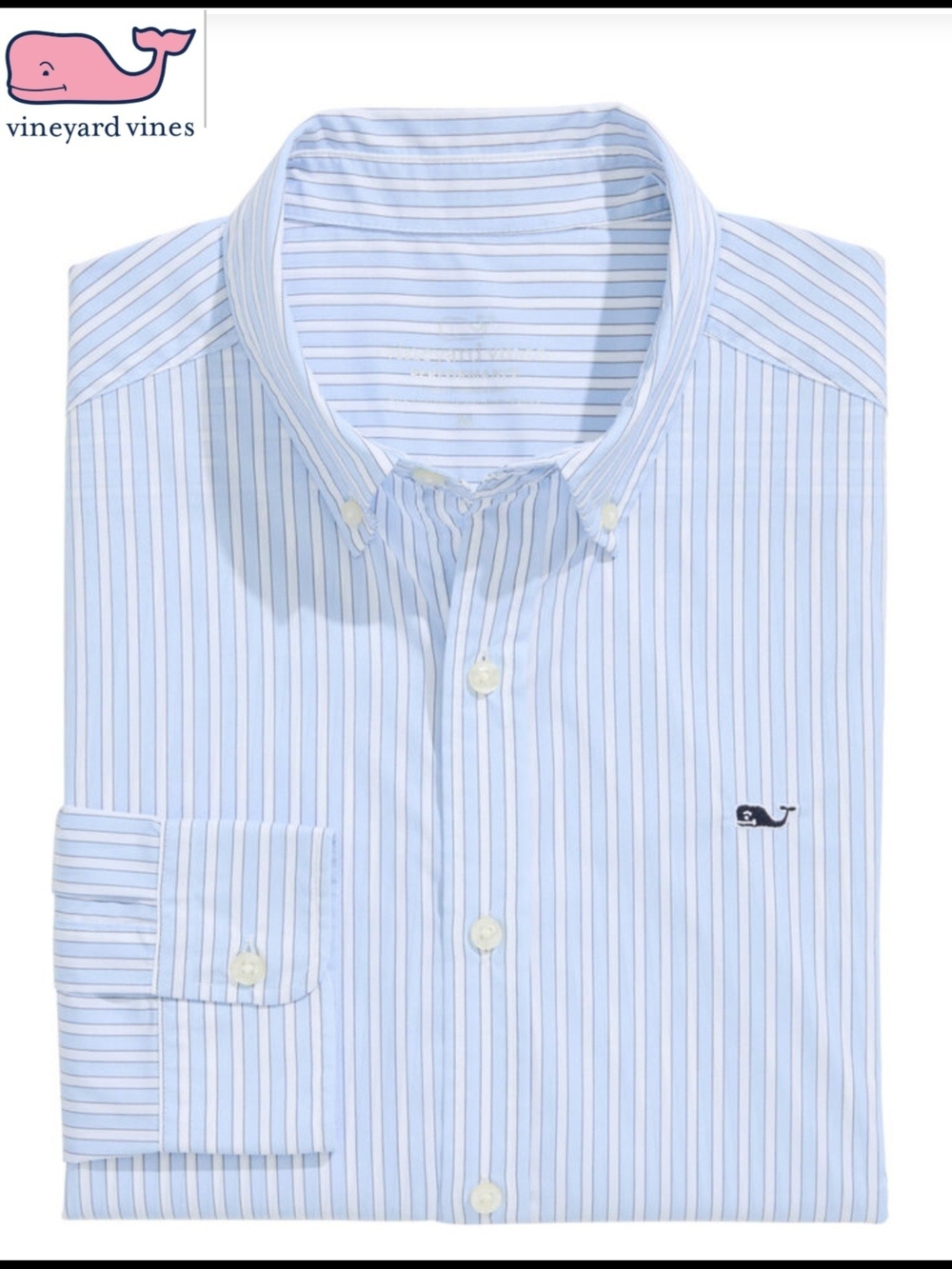 NWT Vineyard Vines Mens Large Performance Light Blue & White Striped Whale Shirt